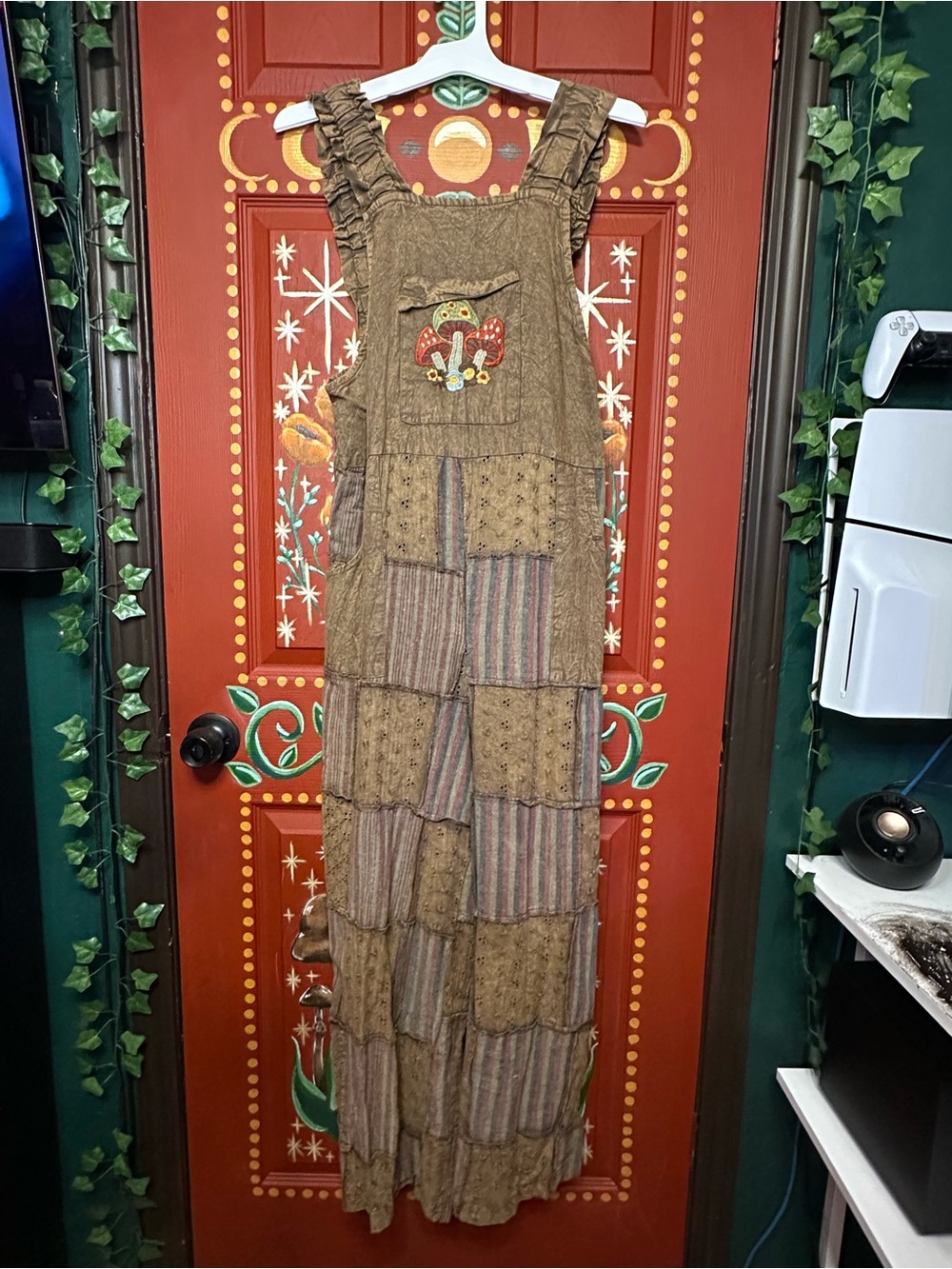 EARTHBOUND Olive Patchwork Mushroom Embroidered Maxi Jumpsuit 🍃 Cottagecore